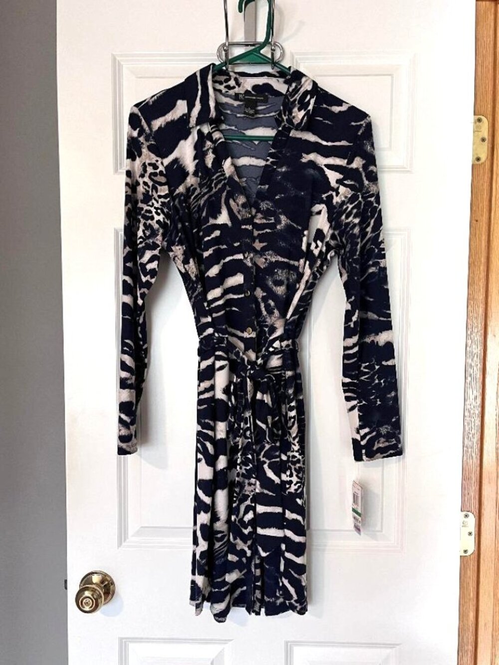 I.N.C International Concepts Animal Print Navy Dress Midi Long Sleeve L Lg NWT